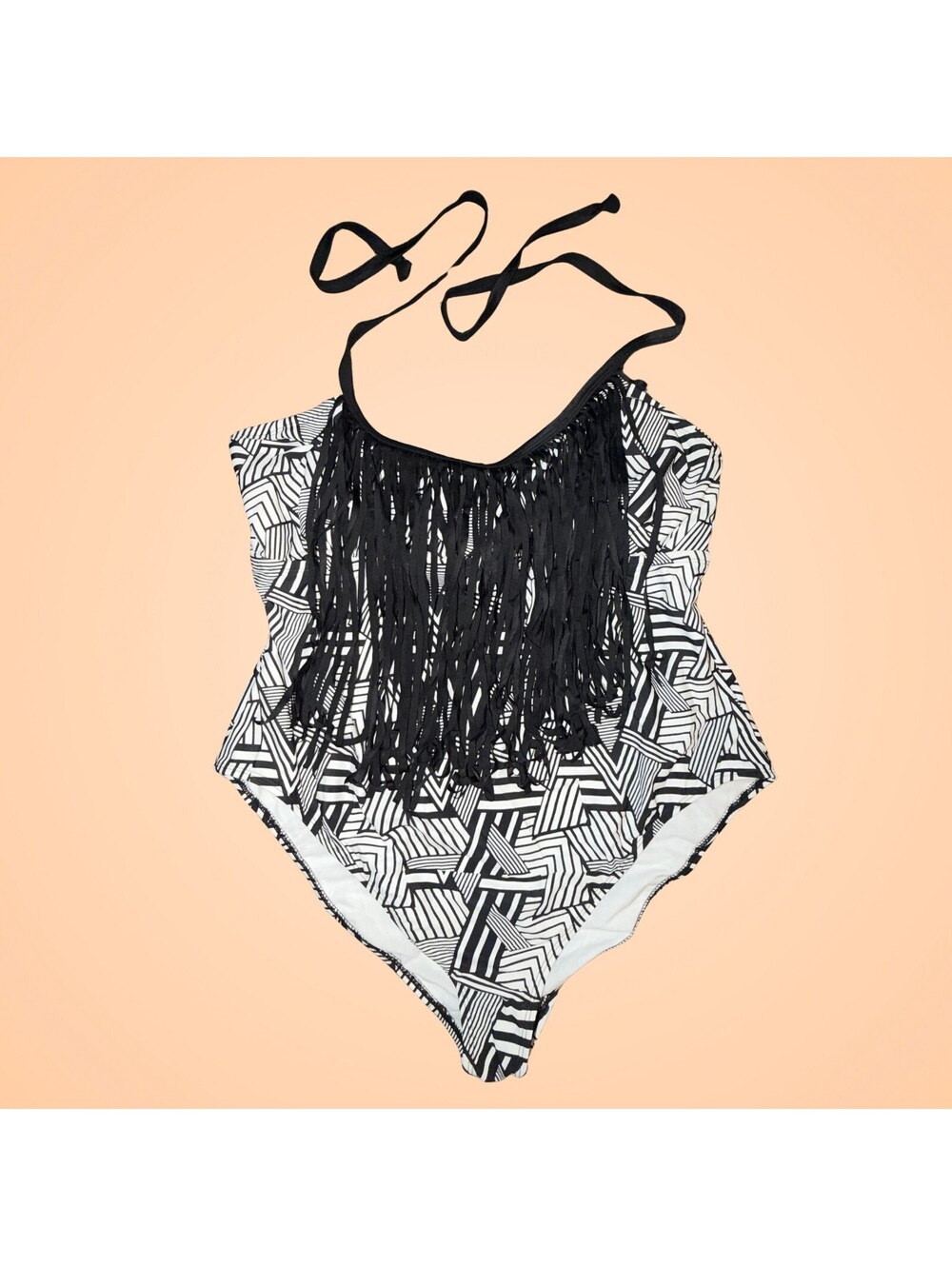 Joe Boxer NWT Fringe One Piece Swimsuit Geometric Black White Halter 2X